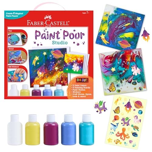 Faber-Castell Do Art Paint Pour Studio kit with colored acrylic paint bottles and small canvases on white background