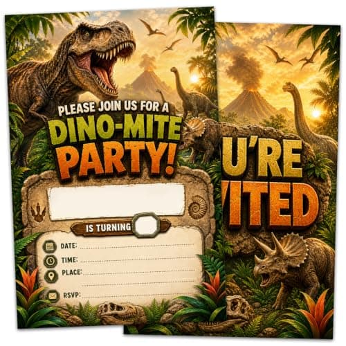 BIGayo T-Rex dinosaur birthday party fill-in invitation cards with envelopes, 20-pack, stone style