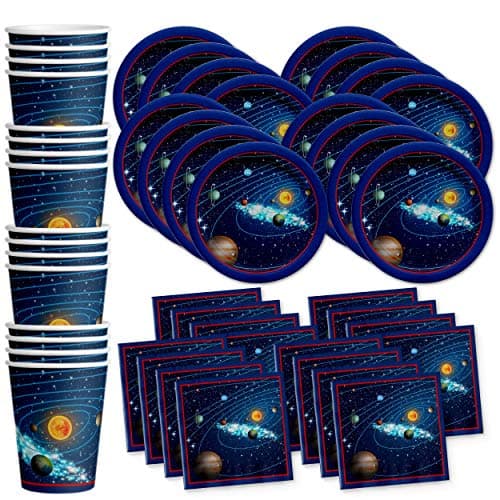 Solar System outer space birthday party plates, cups, and napkins tableware kit for 16