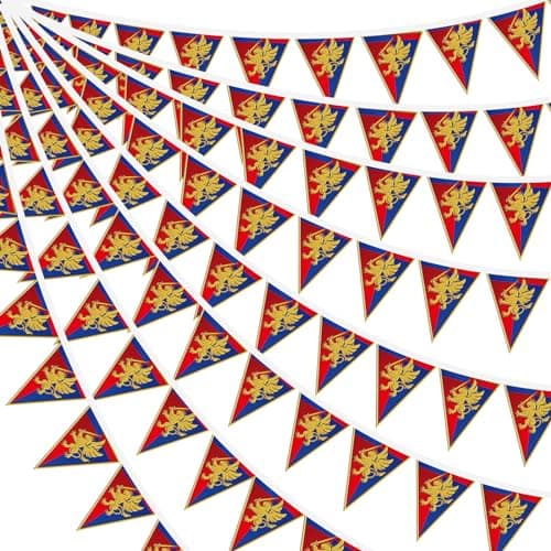Red and blue medieval pennant banner with lion heraldic design strung outdoors