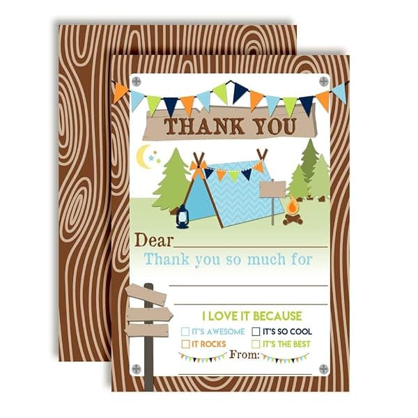 Pack of camping-themed fill-in birthday thank-you note cards with envelopes