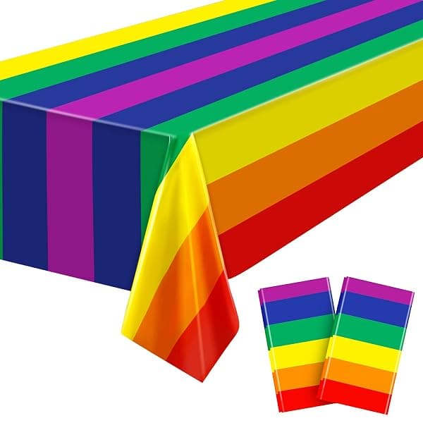 Rainbow striped plastic party tablecloth