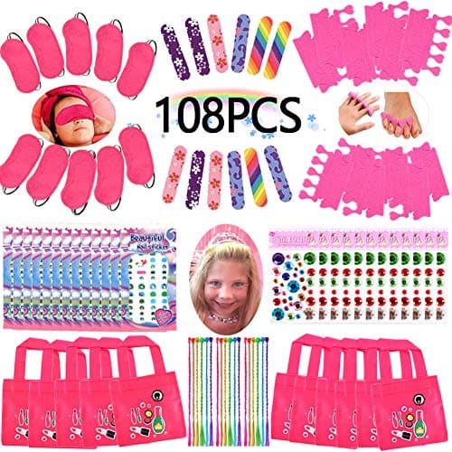 Spa party favor kit showing 12 tote bags with mini emery boards, colored hair braids, toe separators, body jewels, and nail decal sets