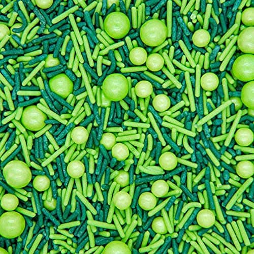 Green edible cake sprinkles and toppings in lime and forest green for cake decorating