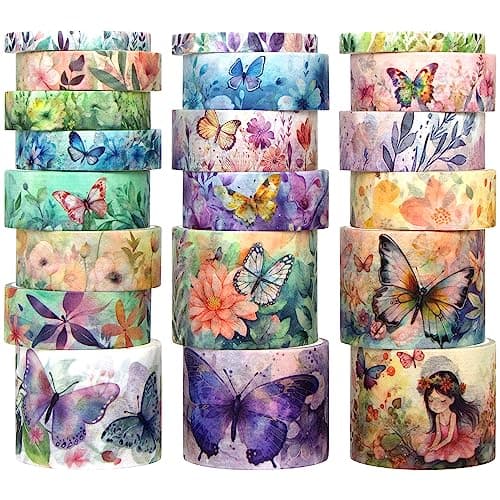 Set of 20 rolls of floral butterfly decorative washi tape for craft and envelope decoration