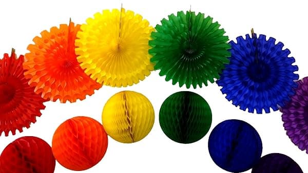 Colorful paper honeycomb ceiling fan decorations in rainbow colors