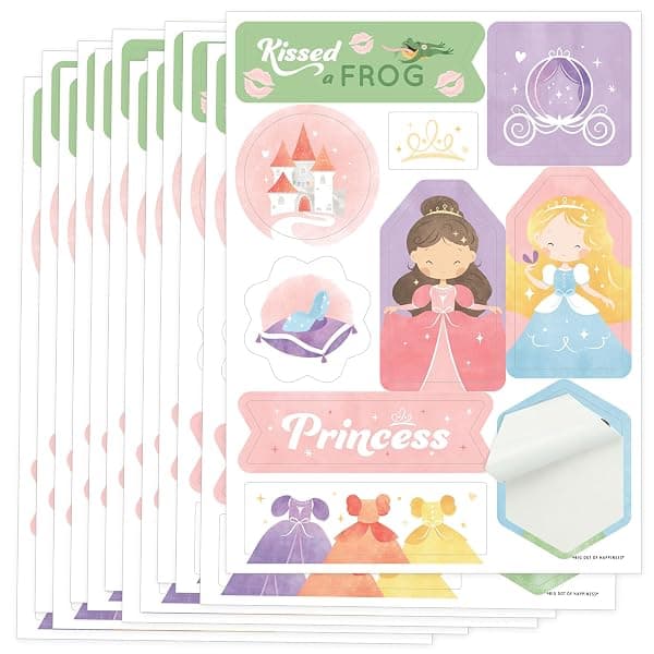 Princess-themed party favor sticker sheets with crowns and stars for kids