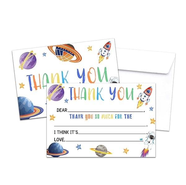 Pack of outer space themed fill-in birthday thank-you cards