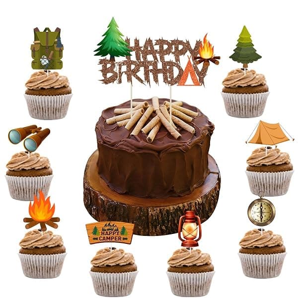 Campfire flame and log birthday cake topper decoration set