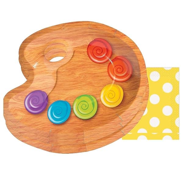 Art party birthday banner set with paint palette themed paper plates and napkins