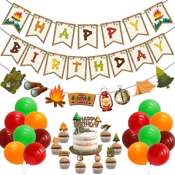 Camping birthday party decoration bundle with banner, balloons, and woodland garland