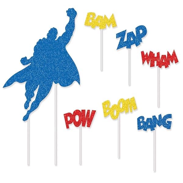 Glitter superhero birthday cake topper with comic-style Bam, Zap, Wham accents in red, blue, and yellow
