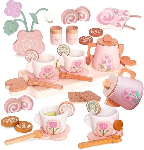 Wooden princess tea party set with teapot, cups, and play food accessories for kids