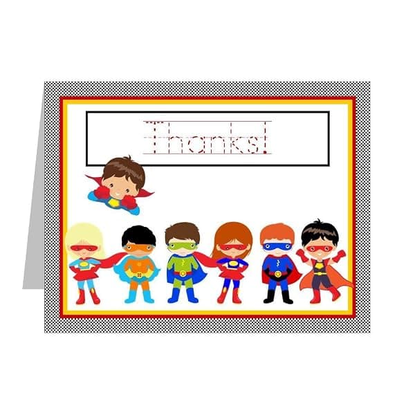 Superhero thank-you cards for kids with traceable lettering, 12 cards and envelopes