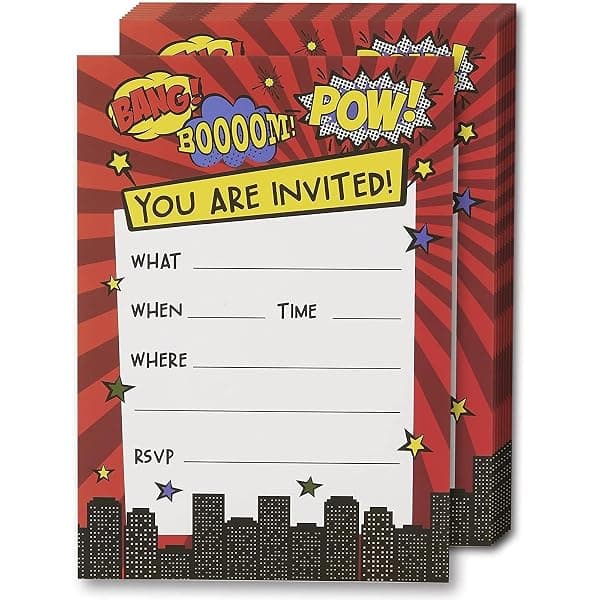 Juvale comic book superhero birthday invitations 24-pack fill-in with envelopes, 5x7 inch