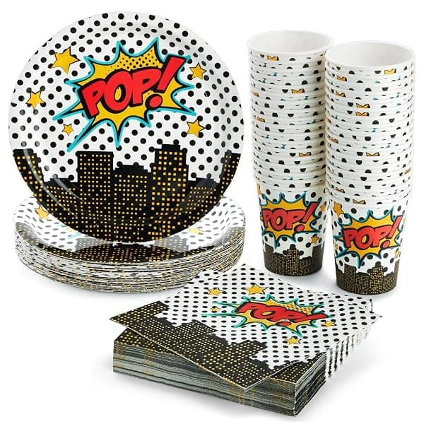 Superhero-themed party supplies set with comic-book print paper plates, cups, and napkins for 36 guests