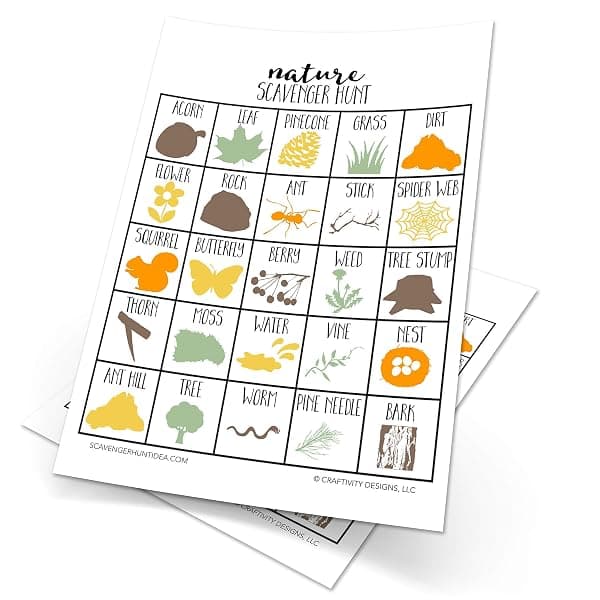 Set of 12 illustrated nature scavenger hunt cards for kids outdoor birthday party