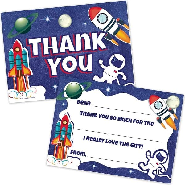 Astronaut rocket ship fill-in-the-blank kids birthday thank-you cards, 20 count with envelopes