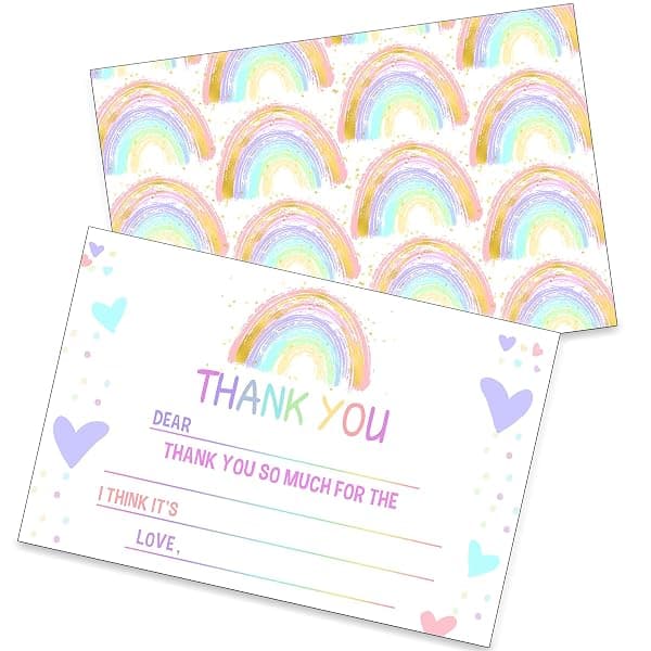 Pack of rainbow-themed fill-in birthday thank-you cards
