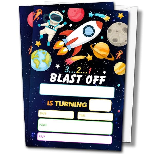 Pack of outer space astronaut-themed birthday party invitation cards