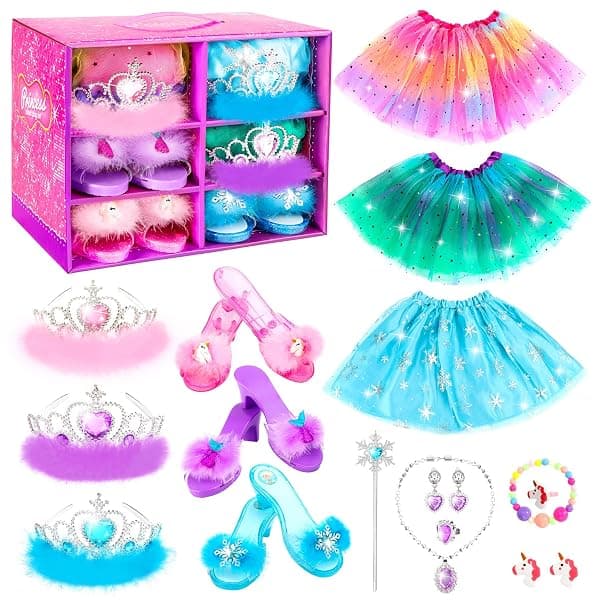 Princess dress-up costume set with dress, shoes, crown, and jewelry for girls ages 3-6
