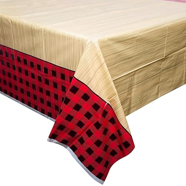 Red and black plaid flannel pattern party tablecloth for camping birthday