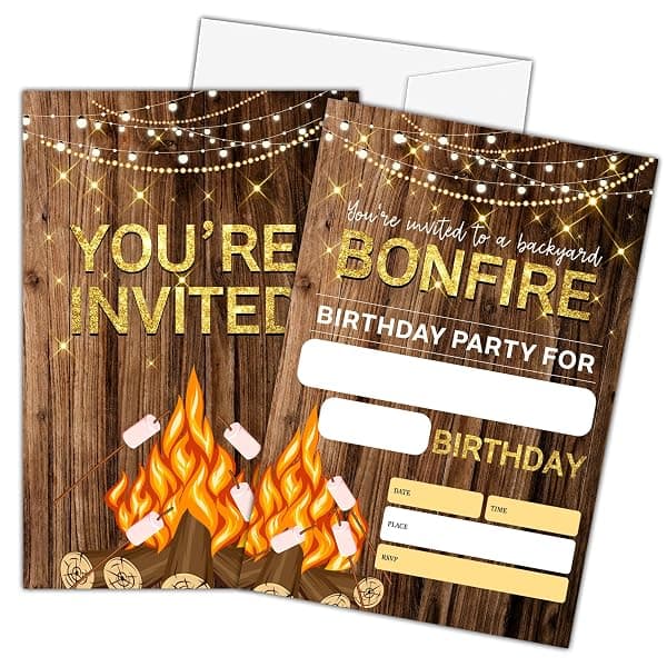 Pack of 20 camping campfire themed fill-in birthday party invitations
