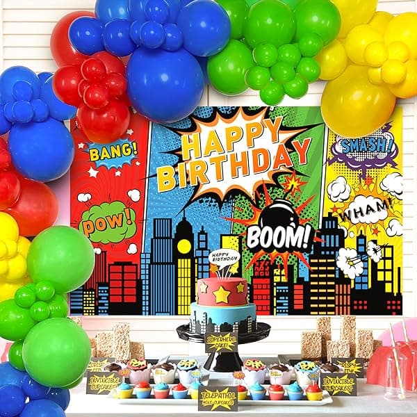 Superhero party balloon arch garland kit with comic city skyline birthday backdrop in red, blue, and yellow, 108 pieces