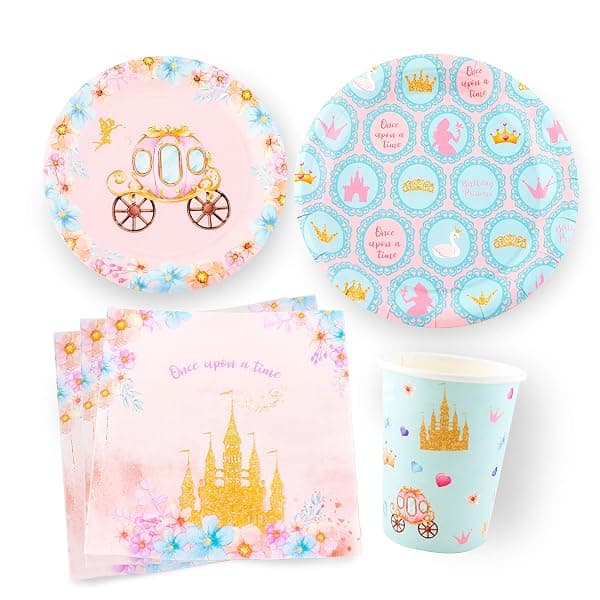 Pink and gold princess-themed birthday party plates, cups, and napkins for 16