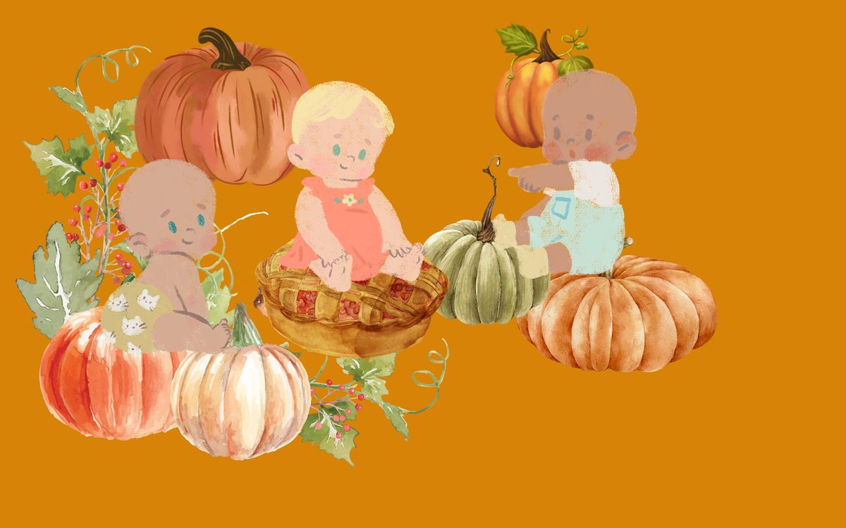 Little Pumpkin first birthday illustration: three babies among watercolour pumpkins, a berry pie, and autumn foliage