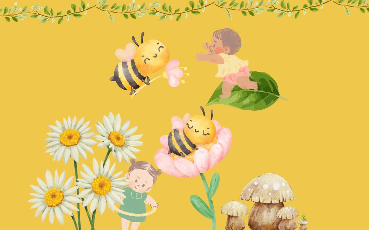 Sweet One bee first birthday illustration: smiling bumblebees and babies among daisies and a pink blossom on a honey-yellow background
