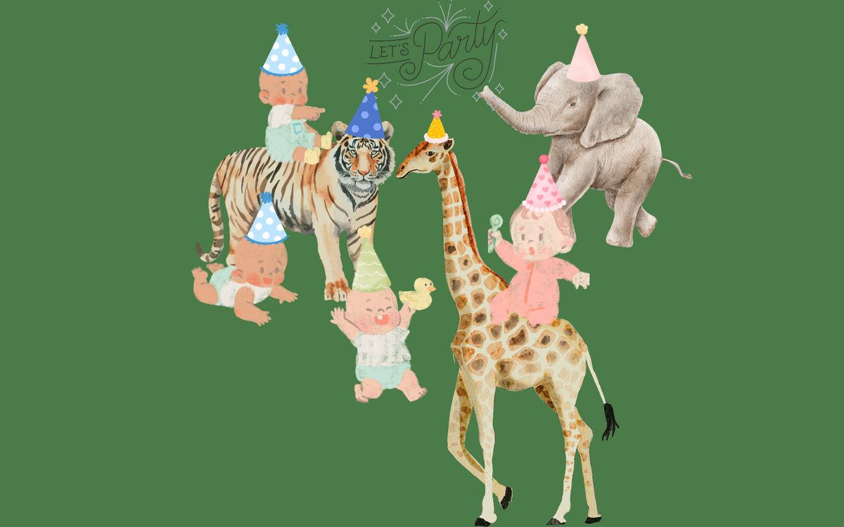 Wild One first birthday illustration: babies in party hats riding a tiger, giraffe, and elephant on a jungle-green background